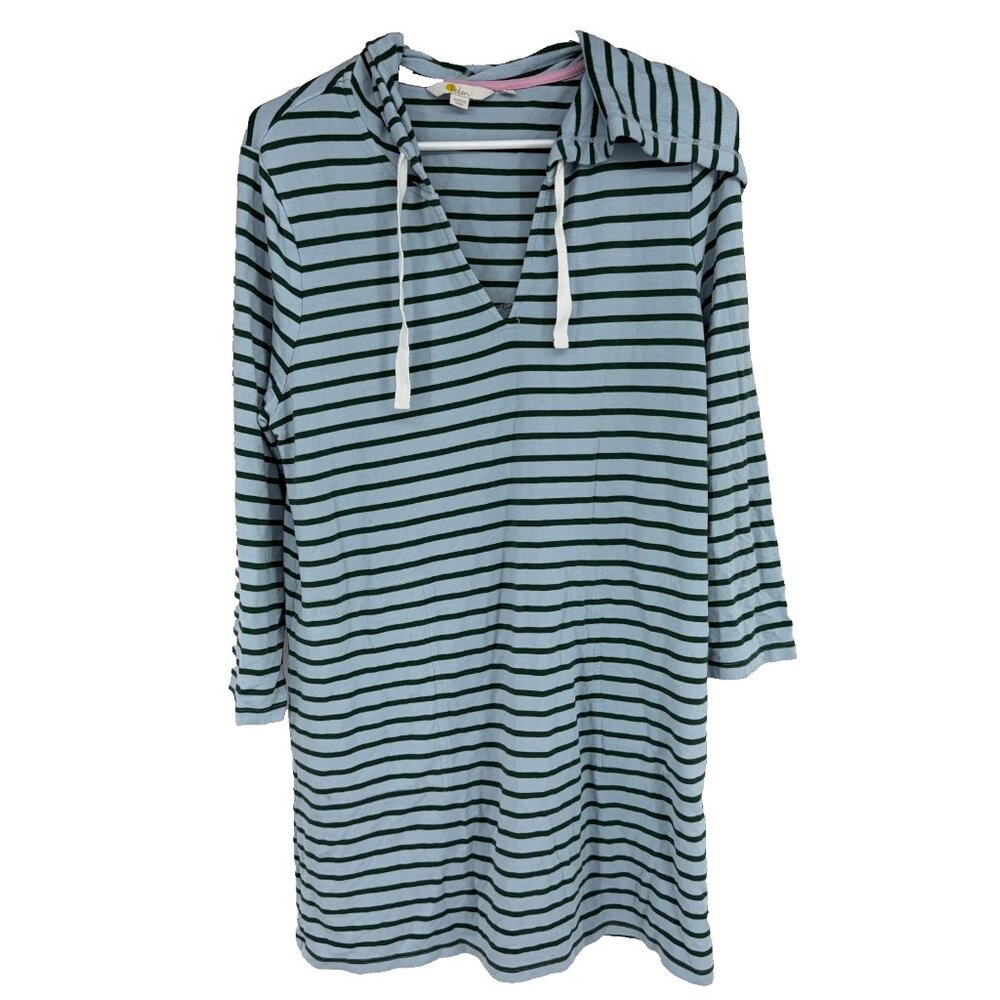 Boden Women 10 Imelda Hooded Tunic Dress Blue Green Striped V Neck Beach Coverup